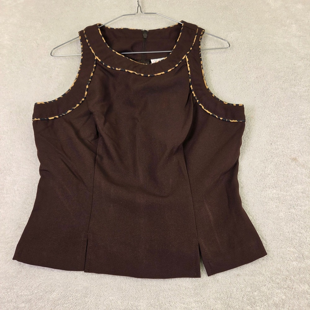 Vintage XOXO Brown Sleeveless Shell Top Leopard Trim AE6255 Large Made in USA